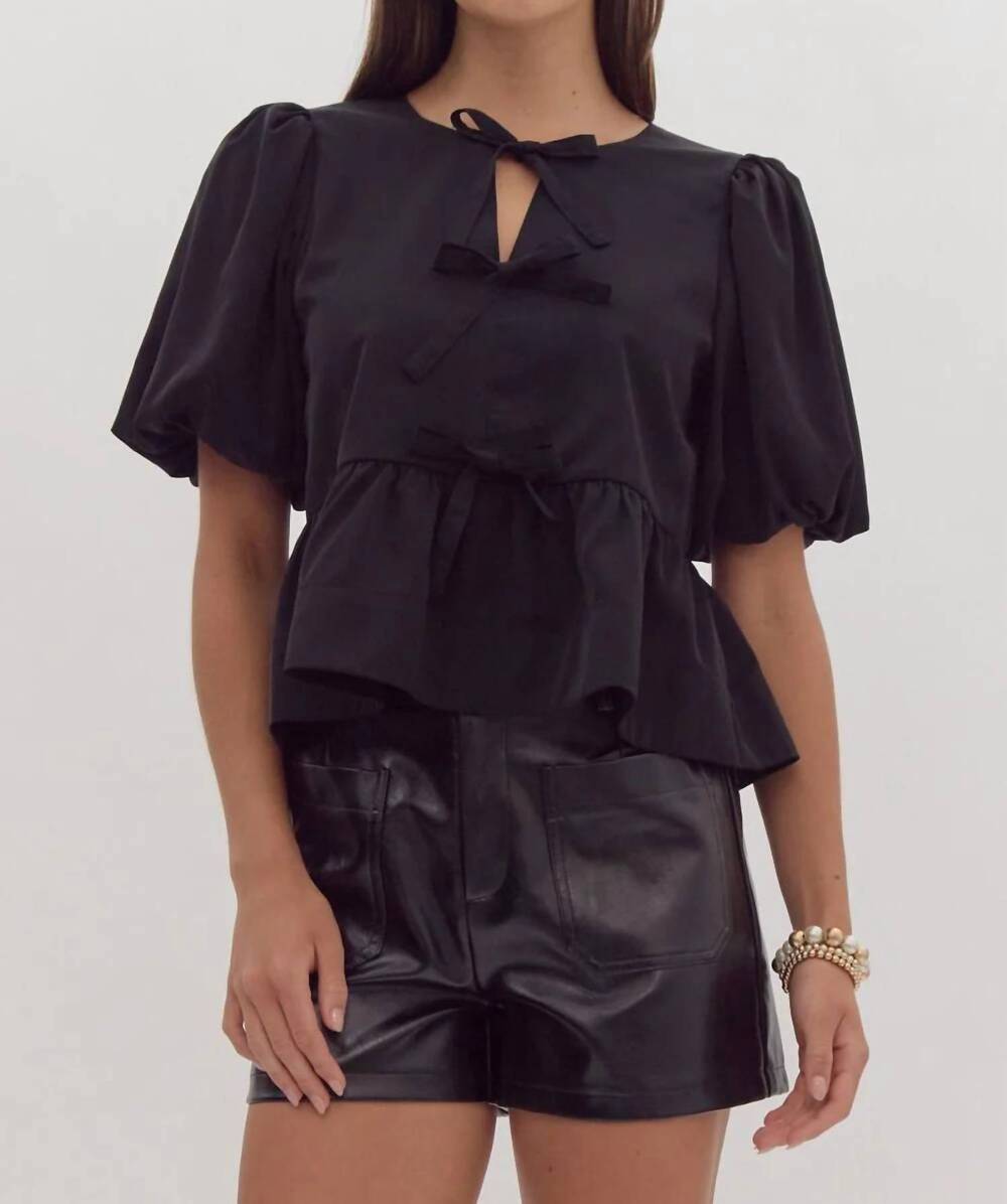NEW ENTRO women's short puff sleeve peplum bow top in black